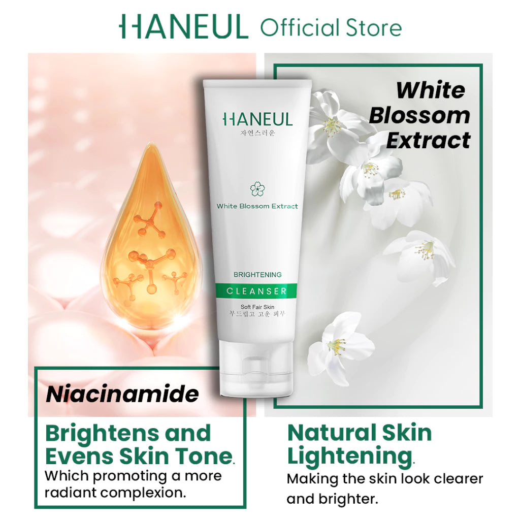 HANEUL Brightening Gentle Cleanser with White Blossom Extract & Niacinamide for Dull and Dry Skin [100g] Pencuci Muka