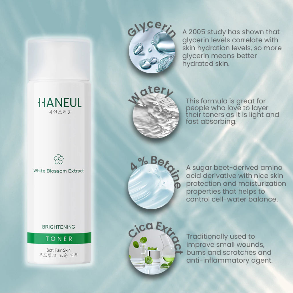 HANEUL Brightening Toner with 2x Hydration, White Blossom Extract, Niacinamide, Glycerin and Betaine for Dull and Dry Skin [200ml] Toner Muka