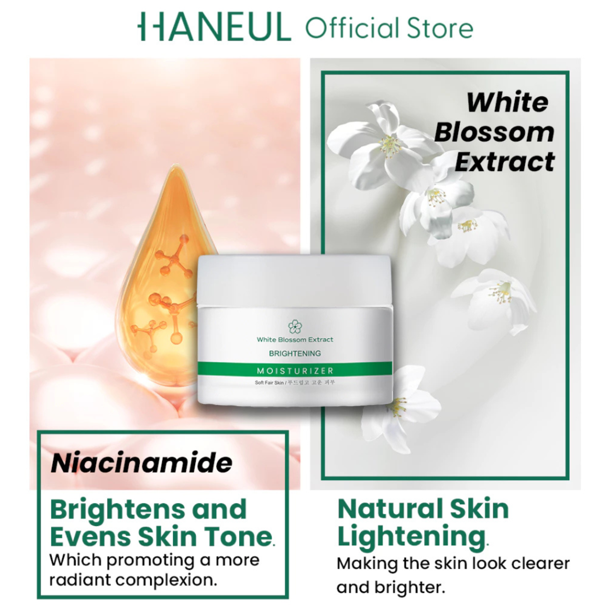 HANEUL  Brightening Moisturizer with 5x Hydration, White Blossom Extract & Niacinamide for Dull and Dry Skin [50g] Pelembab Muka