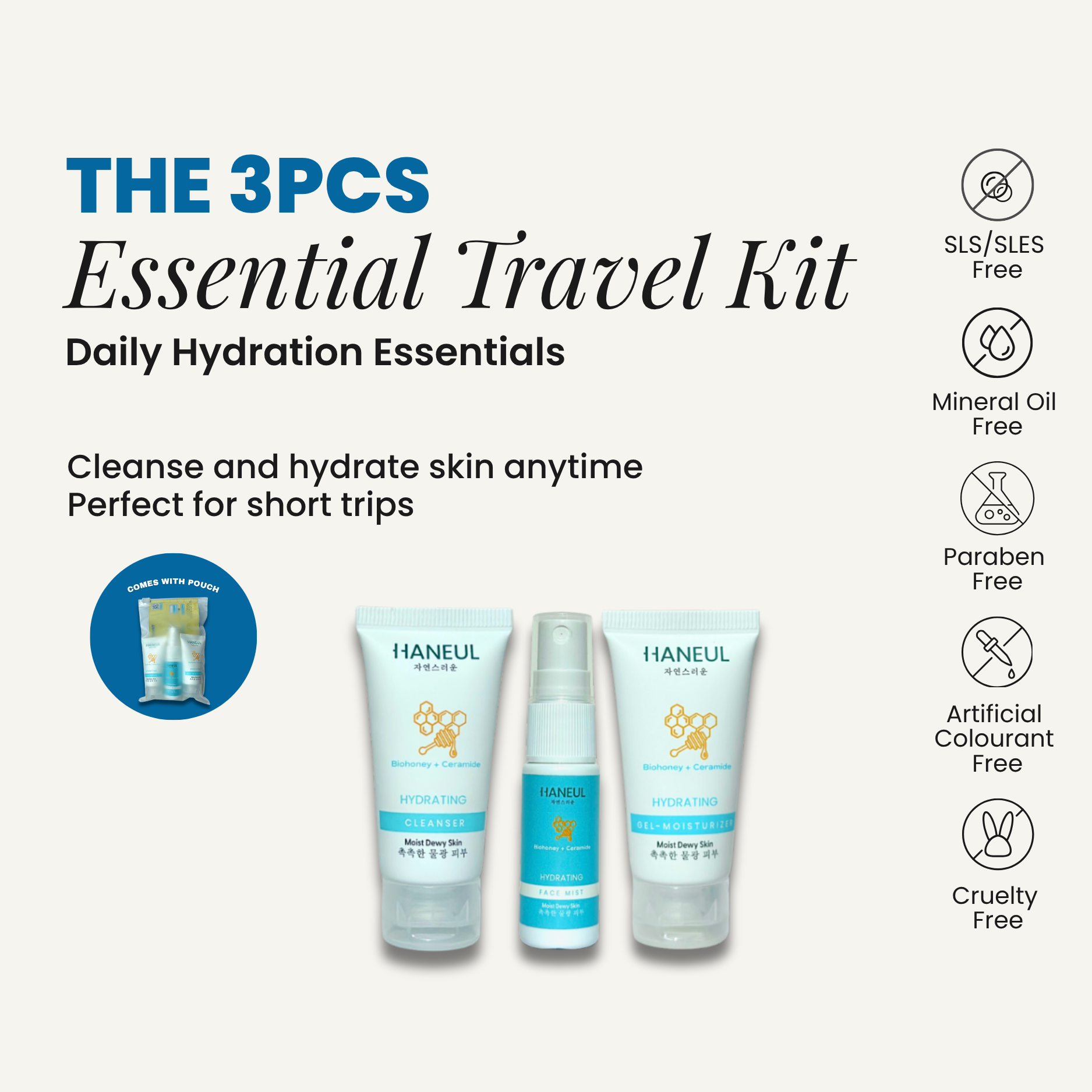 HANEUL Hydrating Essential Travel Kit - 3pcs (15ml Cleanser + 15ml Face Mist + 10ml Moisturizer)