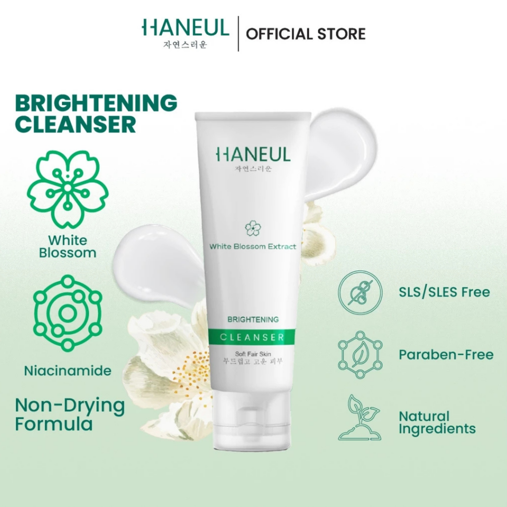 HANEUL Brightening Gentle Cleanser with White Blossom Extract & Niacinamide for Dull and Dry Skin [100g] Pencuci Muka