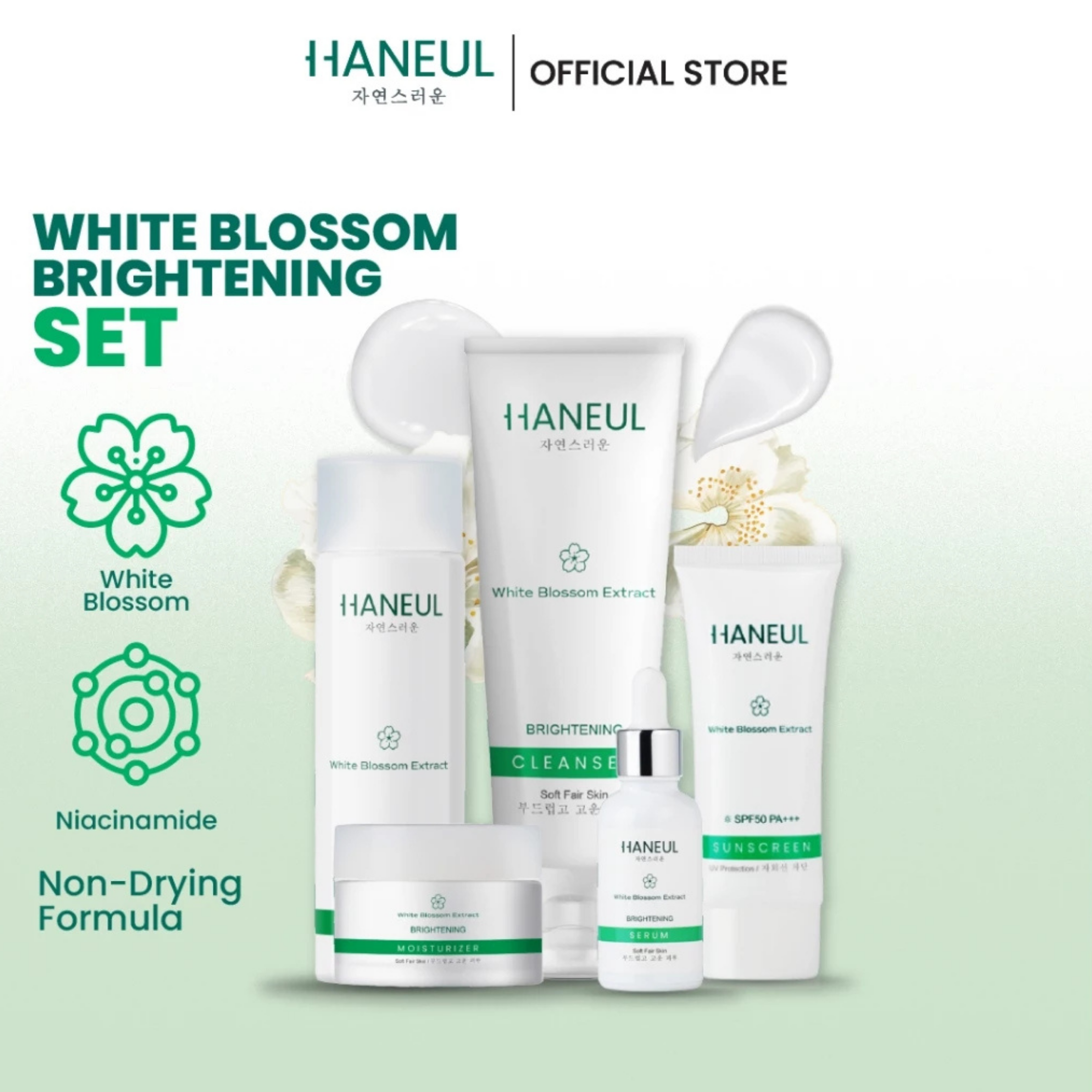 HANEUL White Blossom Brightening Set with Cleanser + Moisturizer + Toner + Serum + Sunscreen